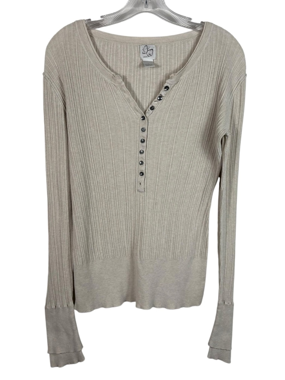 Vintage Y2K Fashion Bug Cream Tan Fitted Ribbed Knit Henley Shirt Bella Swan L